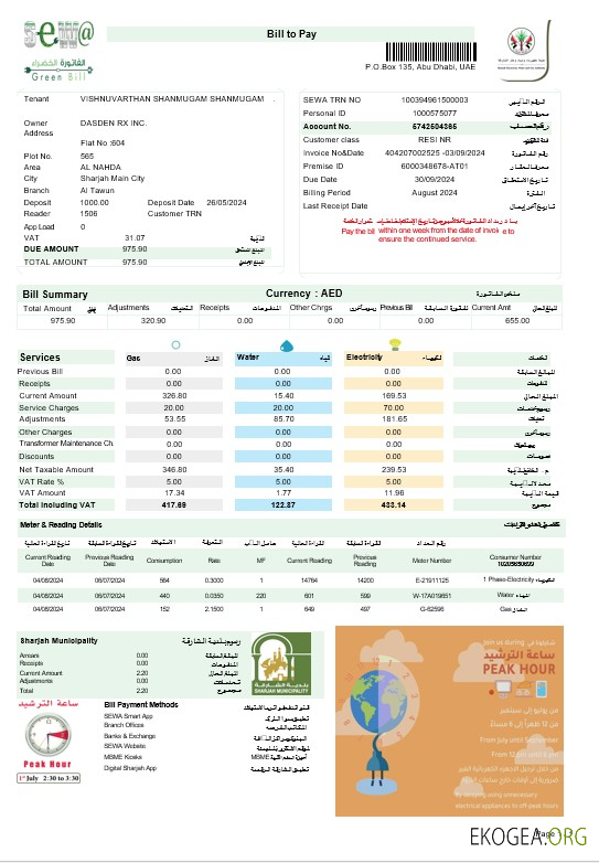 Modèle Word et PDF de facture de services publics des Émirats arabes unis ABU DHABI DISTRIBUTION CO. template